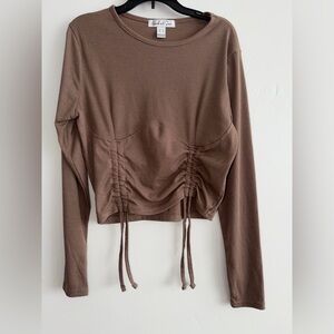 Birch and Stone Mocha Ruched Corset Crop Top Long Sleeve Rib Knit | Large